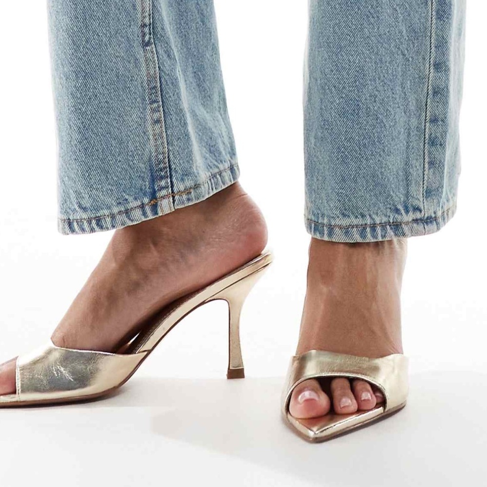 asos design heyday pointed sole heeled mules in gold